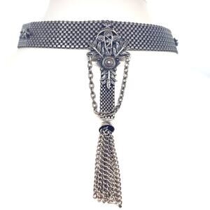Vintage Victorian Revival Mesh Choker Necklace Tassel Chain Floral Art Silver